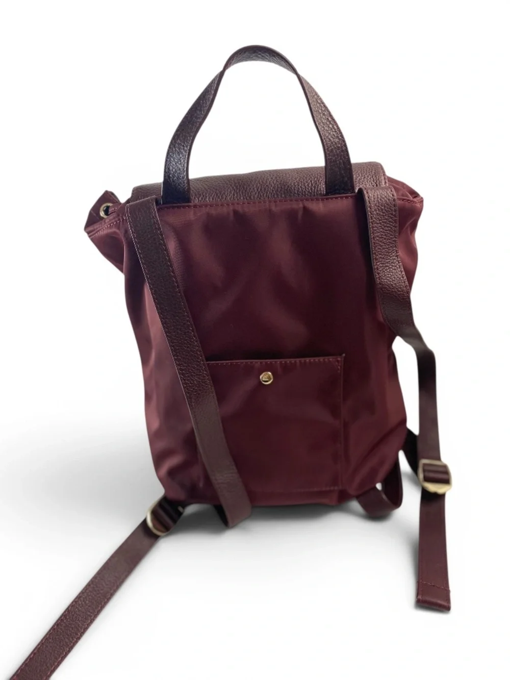 Levenger Burgundy Nylon Leather Backpack Drawstring Lightweight Travel Work Bag